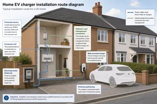 Description: An informative cutaway-style diagram showing the practical installation route for a UK home EV charger, including the electricity meter, consumer unit, protective d...