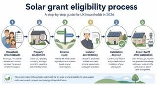 Description: An informative process diagram showing how a UK household checks solar grant eligibility in 2026. Include simple illustrated stages without logos or brand names: ho...