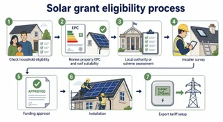 Description: An informative process diagram showing how a UK household checks solar grant eligibility in 2026. Include simple illustrated stages without logos or brand names: ho...