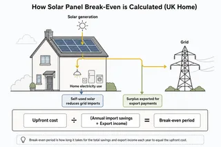 Description: An informative clean-line diagram explaining how solar panel break-even is calculated. Show a rooftop solar array feeding electricity into a home, with one path lab...