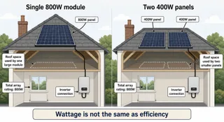 Description: Clean educational diagram explaining the difference between a single 800W module and an 800W solar array made from two 400W panels. Show two side-by-side layouts wi...