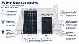 Description: Clear technical diagram explaining how a large-format JA Solar Jumbo panel differs from a standard domestic solar panel, showing side-by-side panel outlines, roof f...