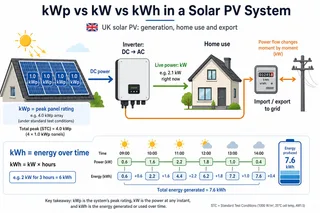 Description: An informative, clean technical diagram explaining the difference between kWp, kW, and kWh for a UK solar PV system. Show solar panels labelled visually by peak pan...