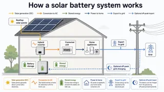 Description: Clean technical diagram showing how a UK solar panel battery system works, with labelled flows from rooftop solar panels to hybrid inverter, battery storage, consum...