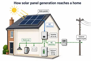 Description: A clean educational diagram showing how sunlight becomes usable electricity in a UK home, with solar panels on a pitched roof producing DC electricity, cable route ...