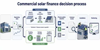 Description: An informative, clean technical diagram showing the commercial solar finance decision process for a UK business. Use a left-to-right flow with non-branded icons and...