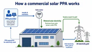 Description: Clear educational diagram showing how an on-site commercial solar PPA works in the UK. Include a business premises with rooftop solar, a PPA provider owning and mai...