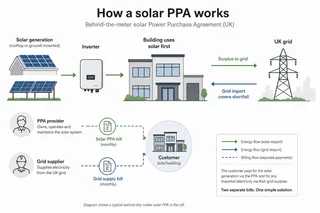 Description: A clean explanatory diagram showing how a solar PPA works behind the meter in the UK. Include solar panels feeding an inverter, electricity flowing to the building ...