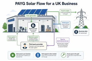 Description: An informative vector-style diagram explaining the PAYG solar flow for a UK business, showing a commercial building with rooftop solar, arrows from solar panels to ...