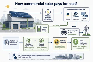 Description: Clean editorial infographic diagram showing how commercial solar pays for itself in the UK, with a rooftop solar array feeding onsite daytime loads first, surplus e...