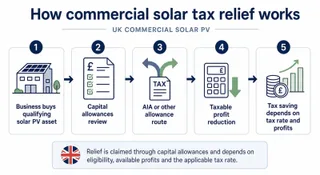 Description: A clean explanatory diagram showing how commercial solar tax relief works in the UK. Flow from business buys qualifying solar PV asset, to capital allowances review...