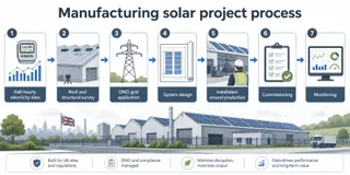 Description: A clean technical infographic diagram explaining the commercial solar project process for a manufacturing site. Show a left-to-right flow with labelled stages for h...