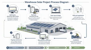 Description: A clean technical process diagram showing the main stages of a UK warehouse solar project from feasibility to operation. Include labelled visual steps for half-hour...