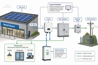 Description: An informative technical diagram showing how a commercial solar PV system works for a retail site. Include labelled components such as solar array, DC cabling, inve...