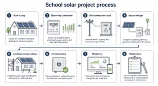 Description: An informative clean technical diagram showing the commercial solar decision process for a UK school, with labelled stages for roof survey, electricity load review,...