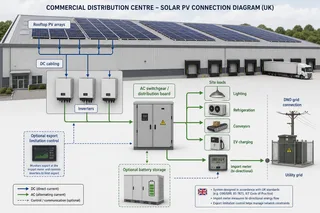 Description: A clean technical diagram showing how commercial solar PV connects into a UK distribution centre. Include rooftop PV arrays, DC cabling, inverters, AC switchgear, s...