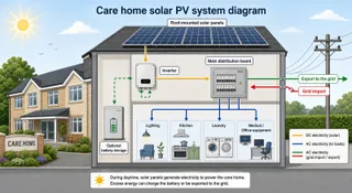 Description: An informative cutaway-style diagram showing how commercial solar PV works for a UK care home. Include labelled visual elements for roof-mounted solar panels, inver...