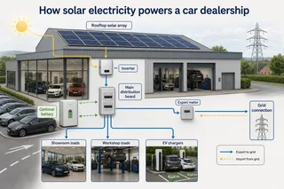 Description: A clear technical process diagram showing how commercial solar electricity flows around a car dealership. Include labelled but generic components: rooftop solar arr...