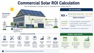 Description: A clean, informative diagram showing how commercial solar ROI is calculated for a UK business. Include a rooftop solar array feeding a business building, arrows sho...