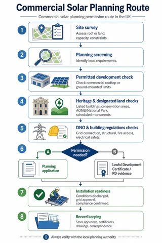 Description: An informative process diagram illustrating the UK commercial solar planning permission route. Show a clear flow from site survey to planning screening, permitted d...