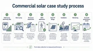 Description: Clean technical diagram showing the commercial solar case study process for a UK business, with labelled stages for half-hourly electricity data, roof survey, struc...
