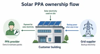 Description: A clear non-branded explanatory diagram showing the basic ownership and payment flow in an on-site solar PPA in the UK. Include three simple visual elements: the PP...