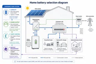 Description: A clean technical explainer diagram showing how a UK home battery system is chosen and connected. Include labelled elements for solar panels, inverter, home battery...