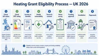 Description: An informative process diagram showing the practical eligibility route for a UK heating grant in 2026. Include a central flow from checking UK nation, EPC rating, i...