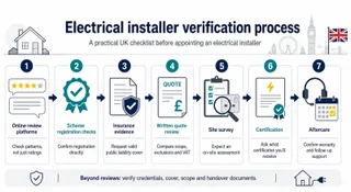 Description: An informative process diagram showing how to verify a UK electrical installation company beyond online reviews. Flow from online review platforms to scheme registr...