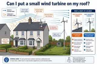 Description: An informative technical diagram showing how roof-level wind behaves around a typical UK house. Include arrows for clean wind above the roofline, turbulent eddies b...