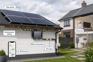 Description: Realistic UK residential scene showing a small solar panel installation on a garden outbuilding or low garage roof, with a compact microinverter mounted safely unde...