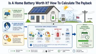 Description: An informative editorial diagram explaining how a home battery payback calculation works. Show three energy sources or values feeding into the calculation: spare so...
