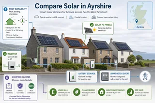 Description: A realistic UK residential street scene in Ayrshire, Scotland, showing pitched roofs with solar PV panels on a mix of slate and tile houses, soft overcast daylight,...