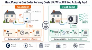 Description: Clean educational diagram showing how running cost per useful kWh is calculated for a gas boiler versus a heat pump. On the left, show gas unit price flowing into b...