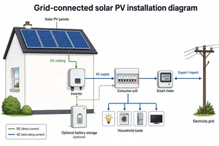 Description: A clean technical-style diagram explaining a typical grid-connected UK solar PV installation process. Show a pitched roof with solar panels, DC cabling to an invert...