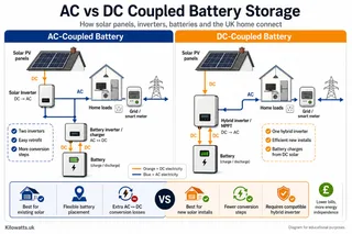Description: A detailed image-generation prompt explaining a user-friendly diagram illustrating the differences between AC-coupled and DC-coupled battery storage. Filename: ac-d...