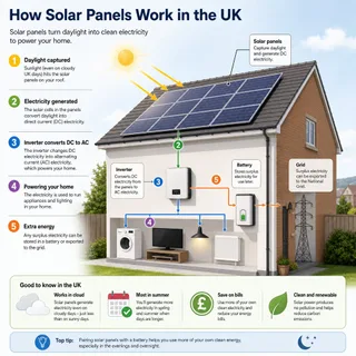 Description: An informative diagram that illustrates how solar panels generate electricity from daylight, including a typical UK domestic system. Filename: uk-solar-panel-diagra...
