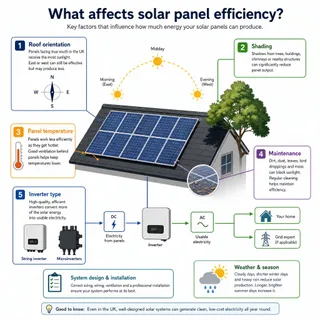 Description: An educational technical diagram for a UK energy website, illustrating key factors affecting solar panel efficiency. The diagram should feature a solar panel with v...
