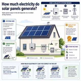 Description: A technical infographic illustrating the factors affecting solar panel output in the UK. The diagram should feature a simple, abstract representation of a solar pan...