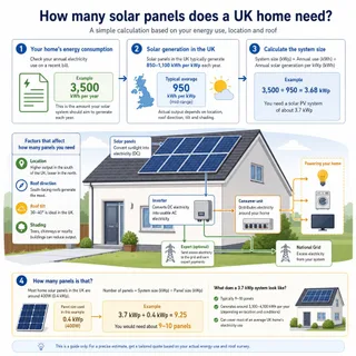 Description: Educational technical diagram illustrating the calculation of solar panels needed for a UK home. Infographic for a UK energy website, featuring a simplified illustr...