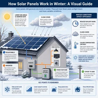 Description: An informative diagram showcasing how solar panels work in winter, highlighting key points such as reduced daylight hours and cloud cover affecting panel efficiency...