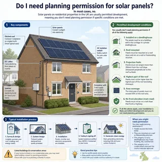 Description: An educational technical diagram infographics for a UK energy website. A simplified illustration of solar panel installation process in the UK, highlighting permitt...