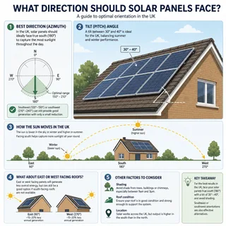 Description: Educational technical diagram illustrating optimal solar panel orientation for UK renewable energy installations. The infographic should feature a simplified illust...