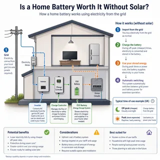 Description: A technical infographic illustrating the components and operation of a home battery without solar panels. This educational diagram should highlight key parts such a...