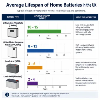 Description: A simple chart comparing the average lifespan of different types of home batteries in the UK, including lithium-ion and lead-acid options. Filename: uk-battery-life...