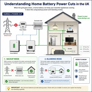 Description: An informative diagram illustrating how home batteries work during a power cut, including explanations of backup and islanding modes. Filename: uk-home-battery-powe...