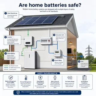 Description: An educational technical diagram showcasing a home battery installation in a UK setting. The diagram should illustrate key components, such as the solar PV system, ...