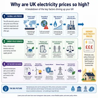 Description: Educational technical diagram for a UK energy website. Illustrate the key factors contributing to high electricity prices in the UK. The diagram should include the ...