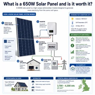 Description: Educational technical diagram for a UK energy website. Depict a simplified illustration of a high-wattage solar panel system, featuring a 650W solar panel module as...