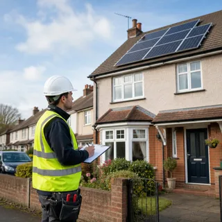 A realistic UK residential street scene showing a neat rooftop solar PV installation on a semi-detached home, with an installer carrying out a final inspection beside…